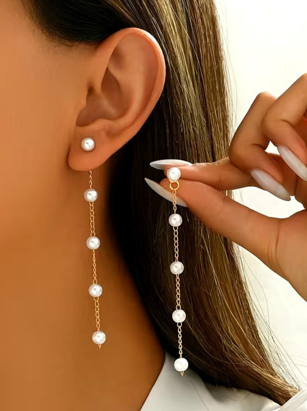 Gold Pearl Drop Chain Earrings - Elegant White Pearls - Womens Jewelry